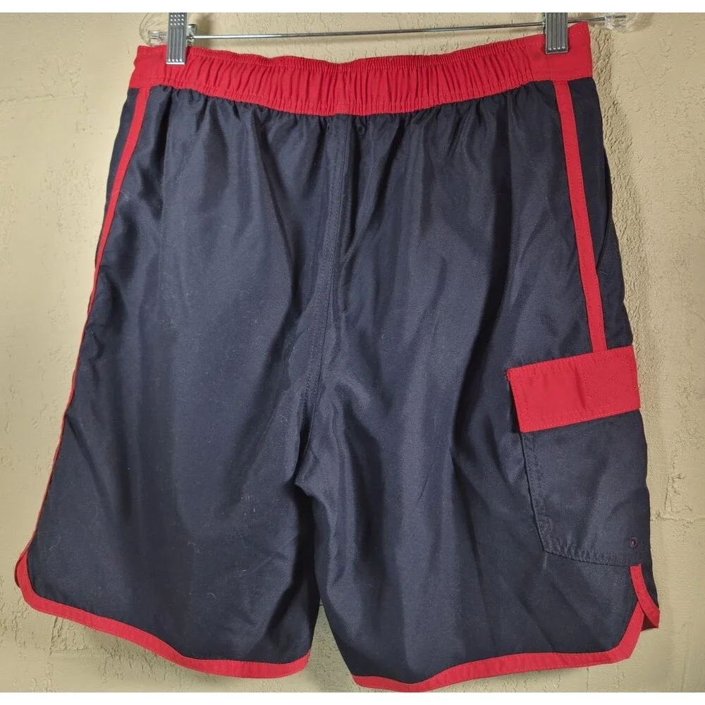Lands' End Men's Swim Shorts XL Navy Blue Red Colorblock Mesh Lining Graphic